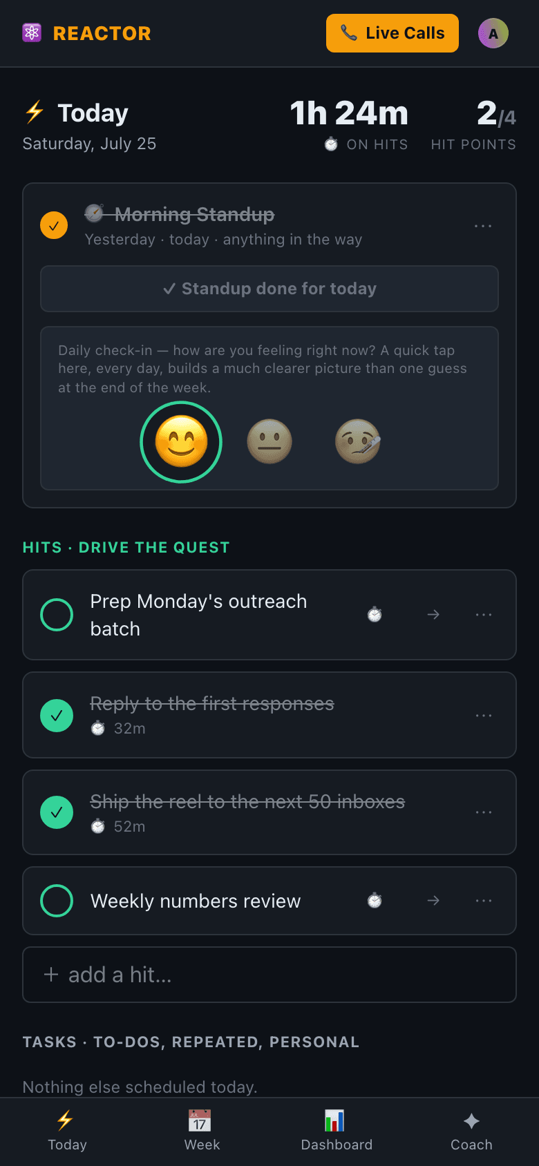 Reactor Today view showing four daily hits and the Focus Meter